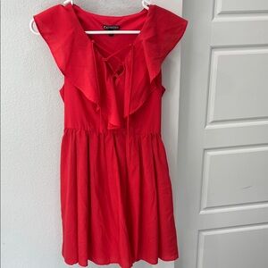 Express Red Dress with Ruffle and Lace Up Accent